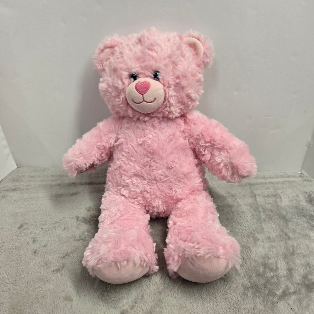 Build-A-Bear Workshop Pink Curly Fur Teddy Bear Plush Blue Eyes Heart Nose 18"